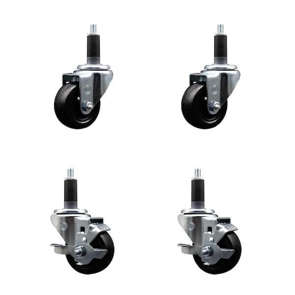 3'' Soft Rubber Wheel Swivel 1-1/8'' Expanding Stem Caster Set 2 Brakes, 4PK